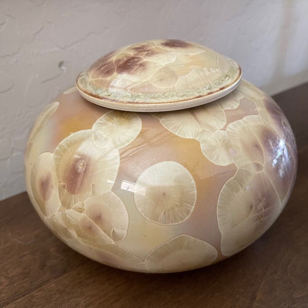 crystalline pottery covered bowl ivory *gorgeous  signed by artist